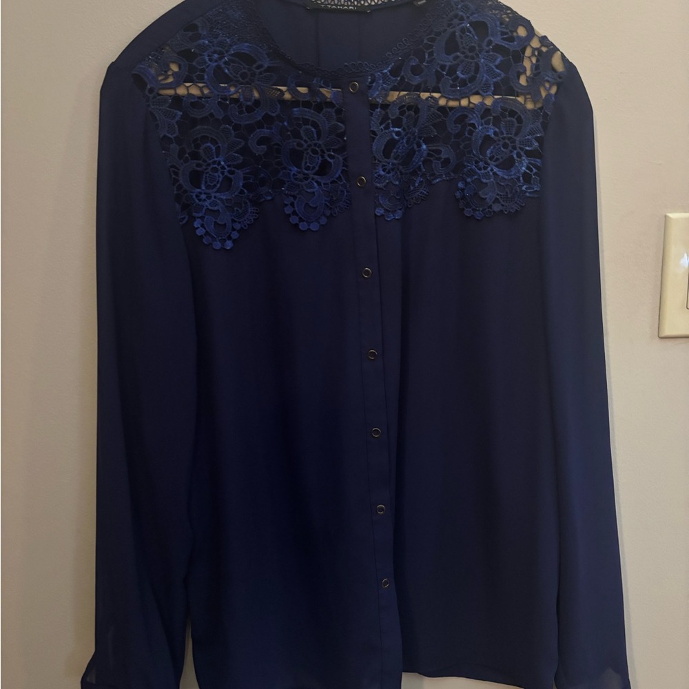Lace Yoke Button-Down Blouse